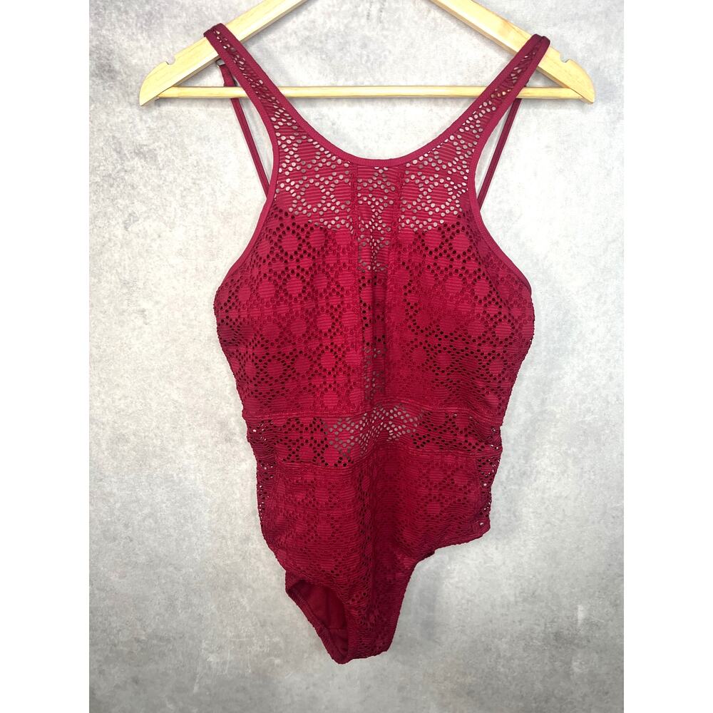 BCA Crochet One Piece Swimsuit Large Burgundy High Neck Open Back Beach